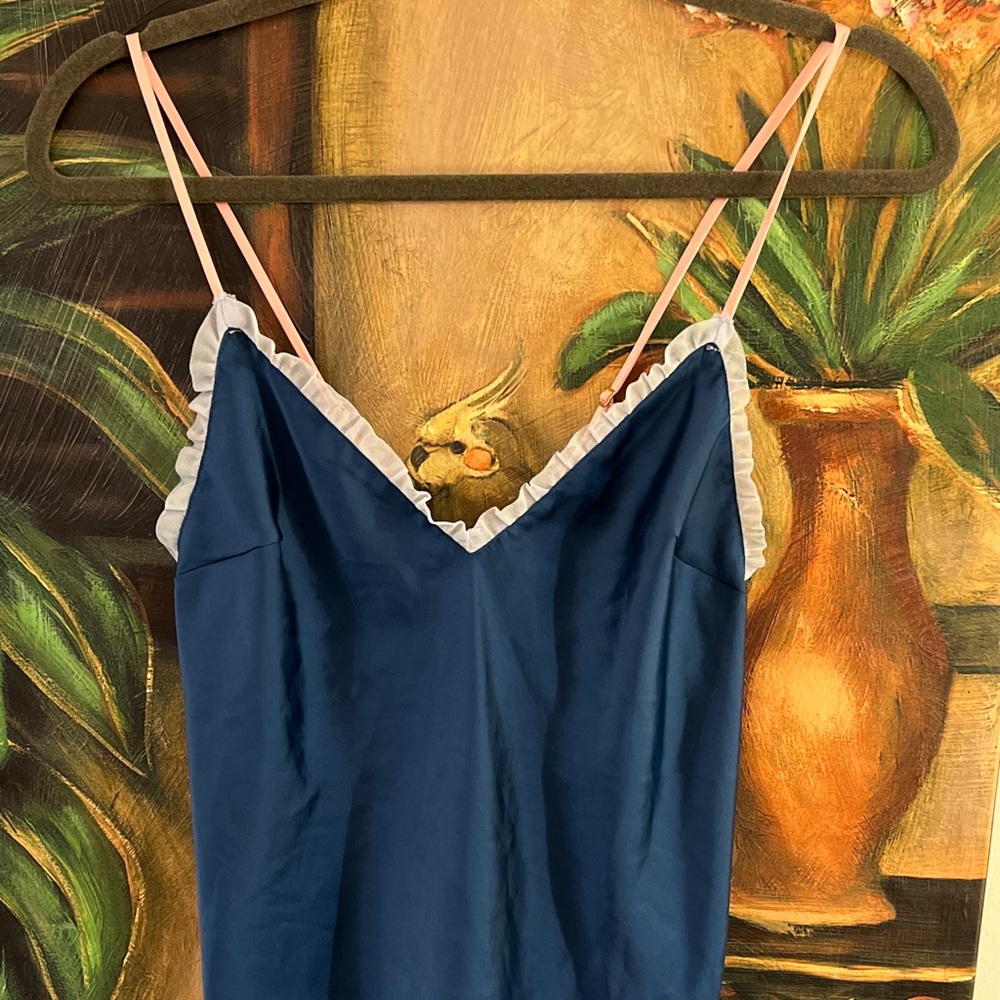 Victoria's Secret Satin Cami camisole sleep. Top mesh ruffle neckline teal blue